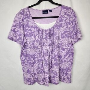 Gloria Vanderbilt Casuals Purple Floral Top Short Sleeve Size XL Scoop Neck‎
